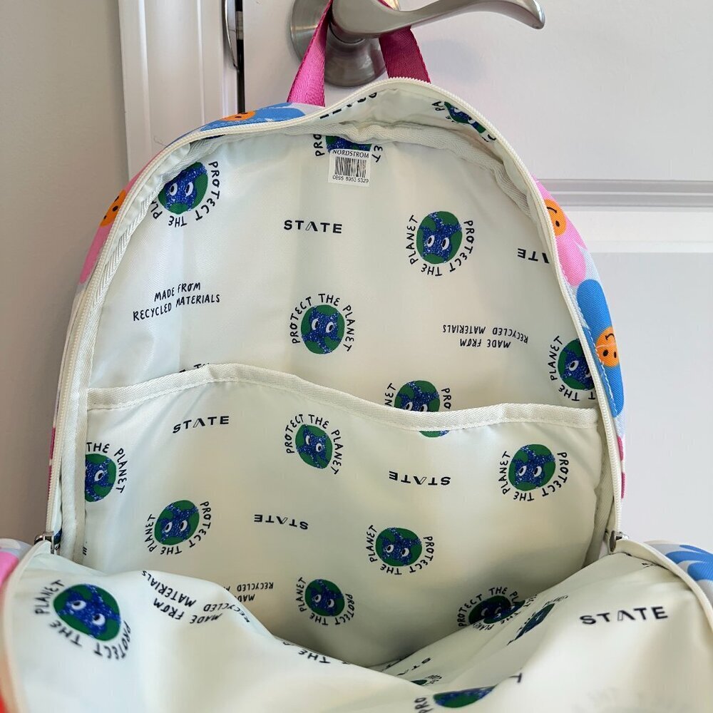 STATE Kids Backpack - White with Blue Pink Red Floral Smiley Print - Picture 6 of 10